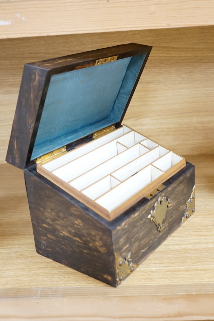 A Victorian brass mounted coromandel stationery box with inset jasper mount, silk lining, 24cm wide. Condition - fair/good